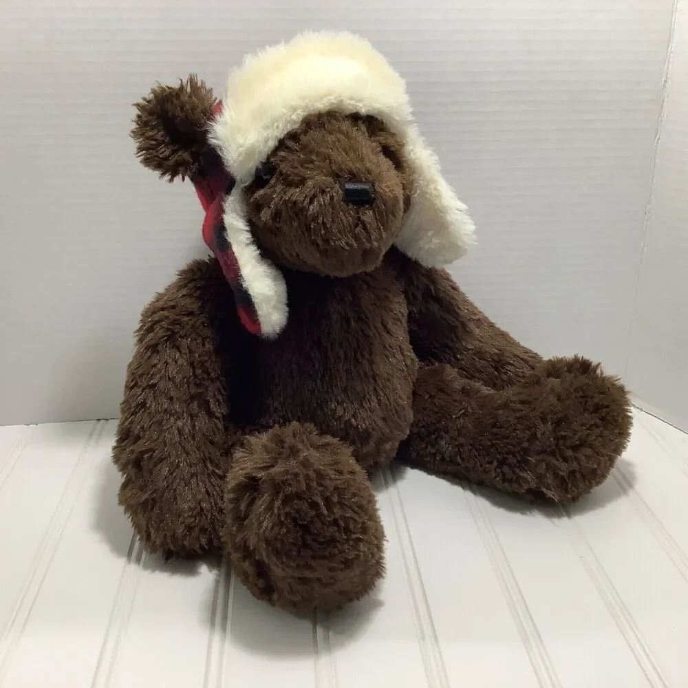 J Bear Jo-Ann Fabric 12” Plush Stuffed Brown bear red Plaid Hat sitting 2017
